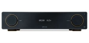 Arcam A15+ high-power integrated amplifier in matte black.