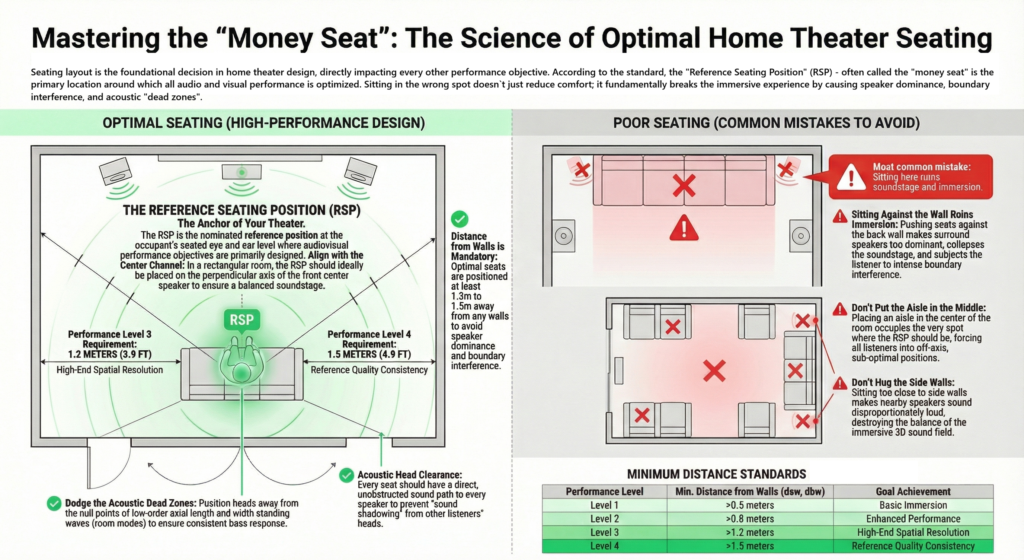 Multi-row tiered home theater seating showing correct speaker line-of-sight — most people sit in the wrong spot in a home theater