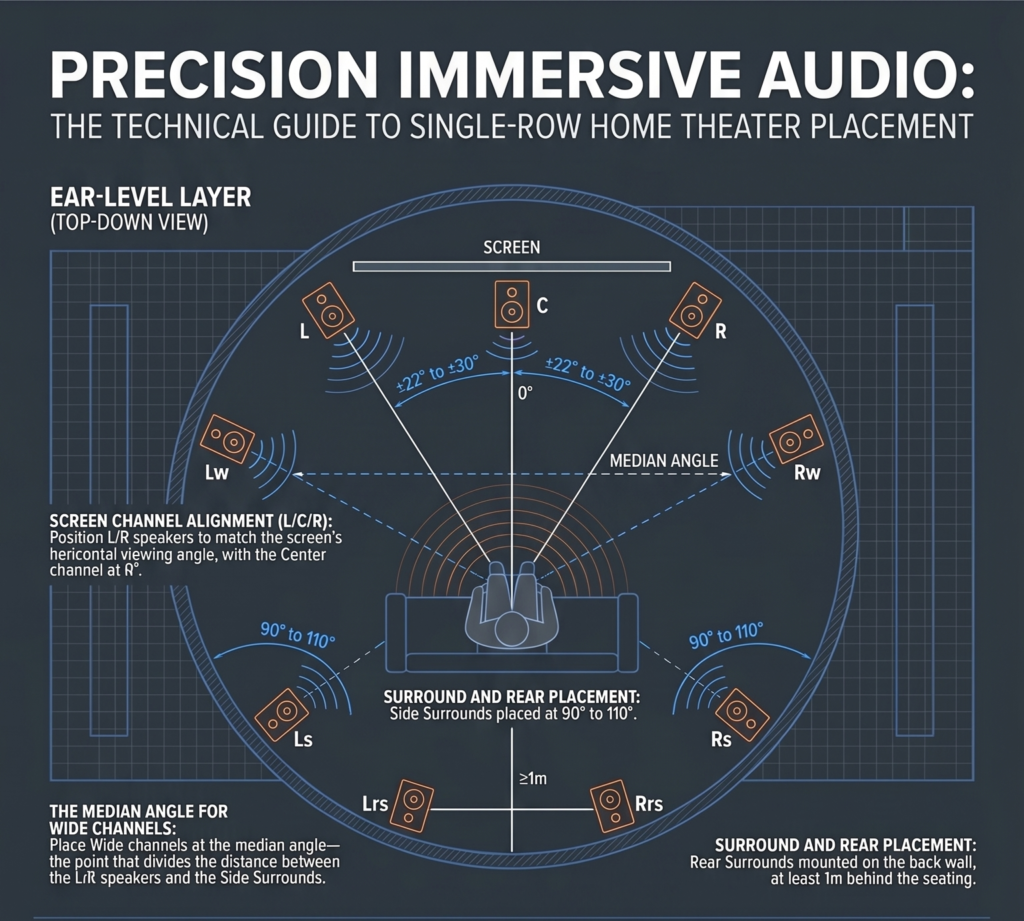 Top view of home theater speaker placement showing 7.2.4 layout with correct angles from the listening reference point in a single-row setup
