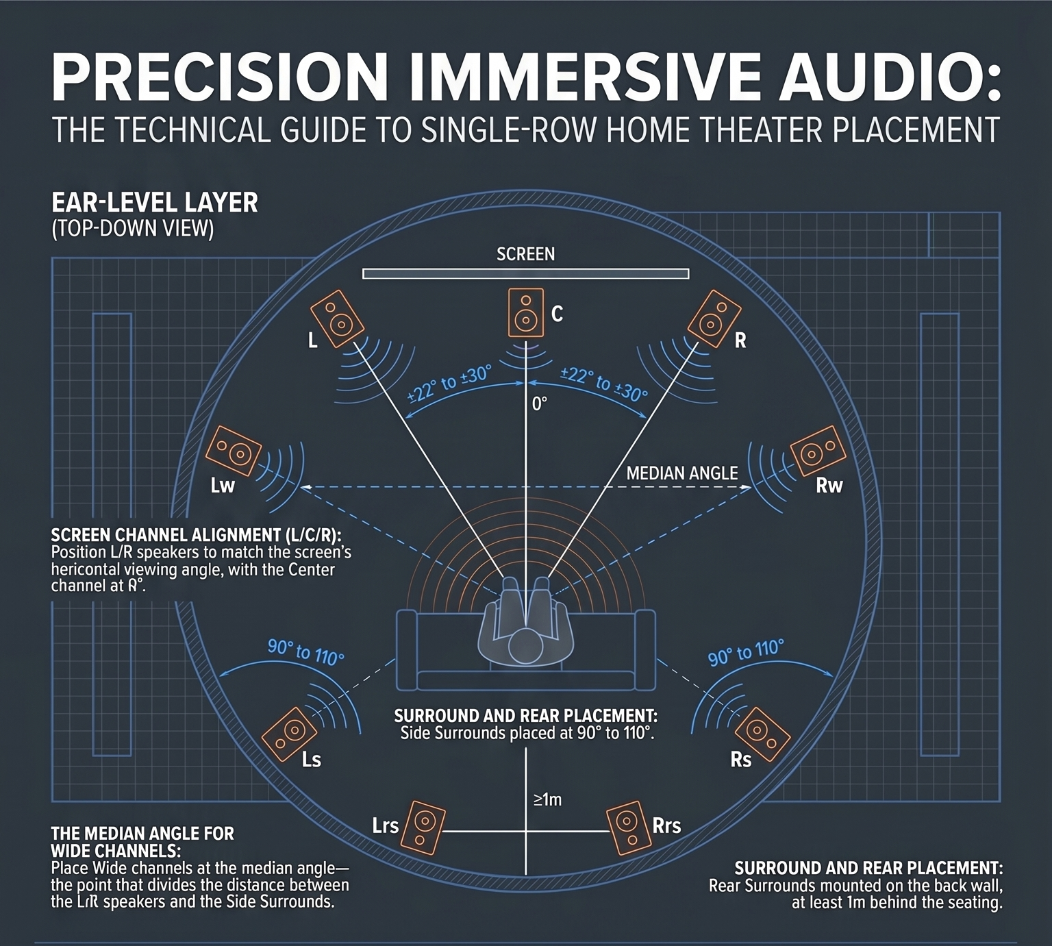 Home cinema speaker placement guide showing optimal positioning for surround sound and Dolby Atmos in a single-row theater