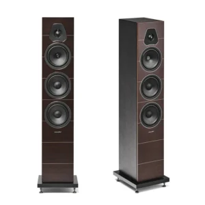 Sonus Faber Lumina III 3-way floorstanding speaker featuring a multi-layer wood front baffle and black leather wrapping.